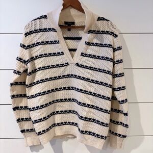 Aqua V-Neck Sweater Cream Navy Coastal Nautical Preppy Medium